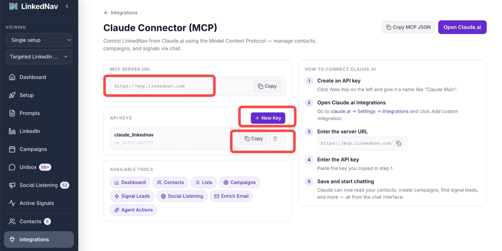 The LinkedNav Claude Connector page, with the MCP server URL, the New Key button, and the copy button on a key highlighted.