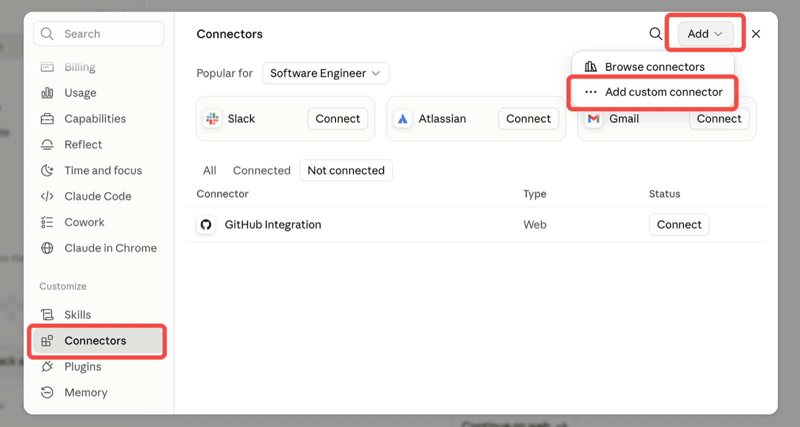 Claude settings showing the Connectors tab with the Add menu open on Add custom connector.