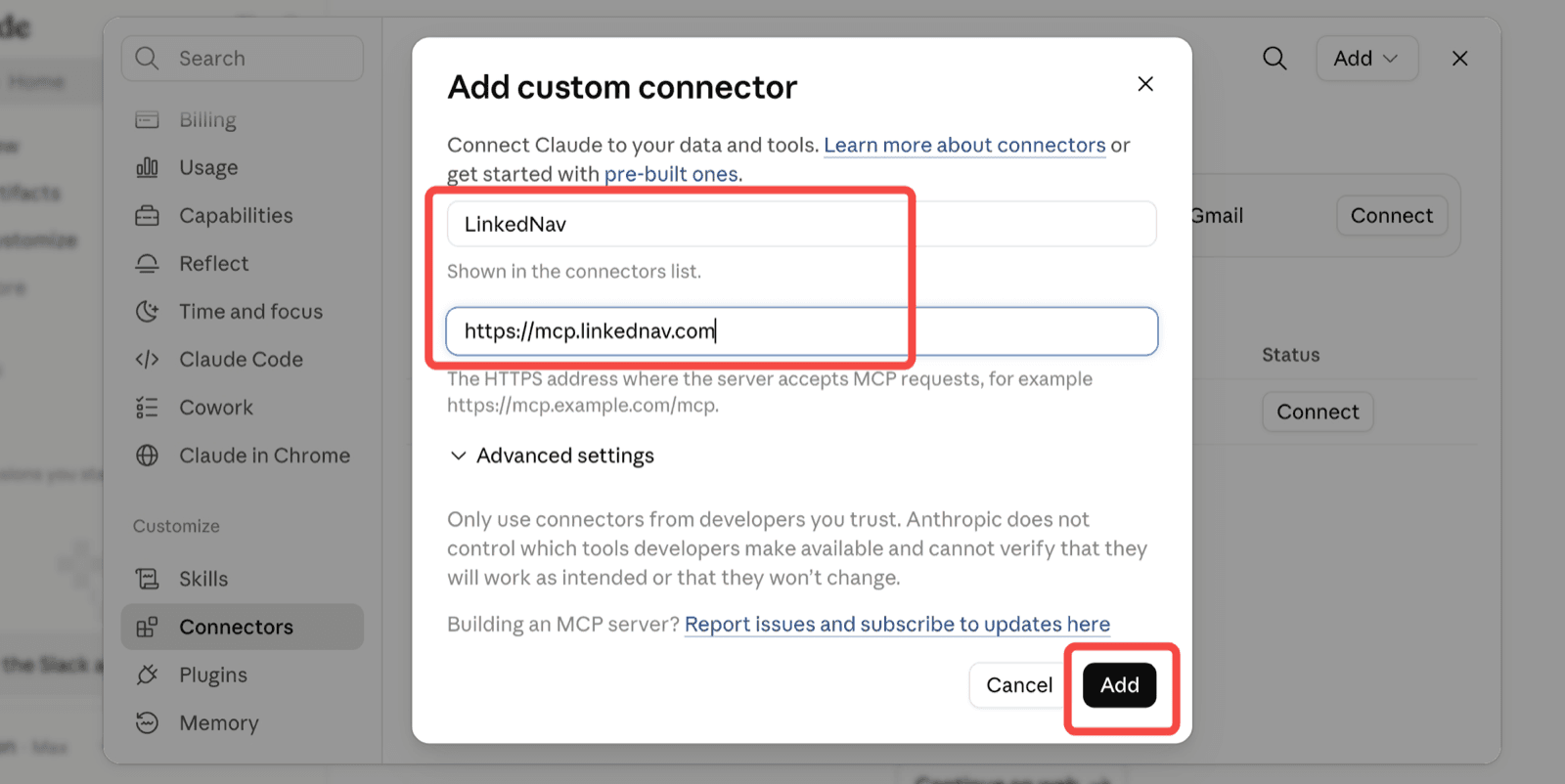 The Add custom connector dialog filled in with the name LinkedNav and the URL https://mcp.linkednav.com.