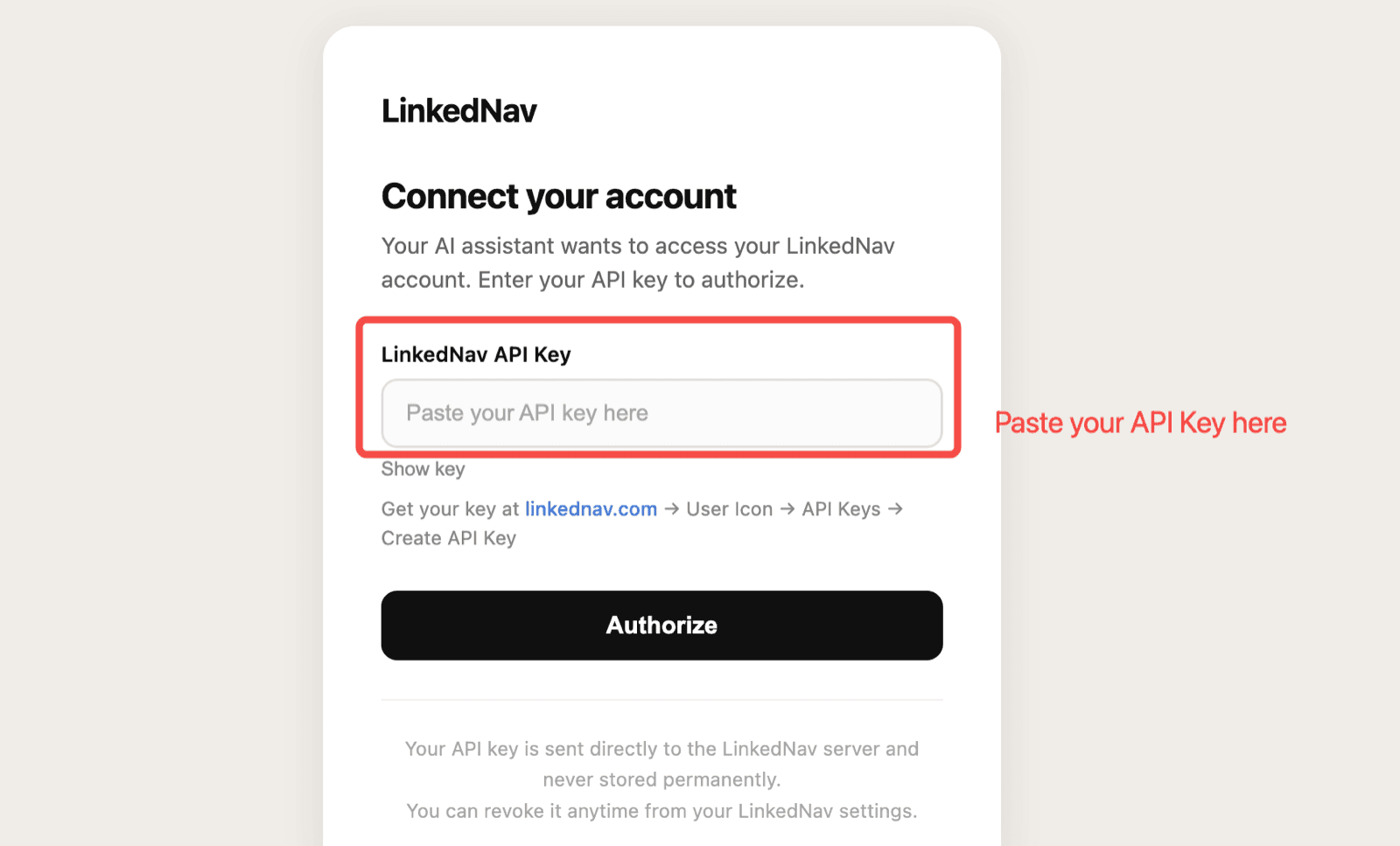 The LinkedNav Connect your account page with the API key field and the Authorize button.
