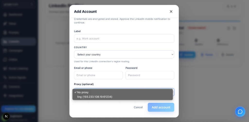 Add LinkedIn connection with proxy selected