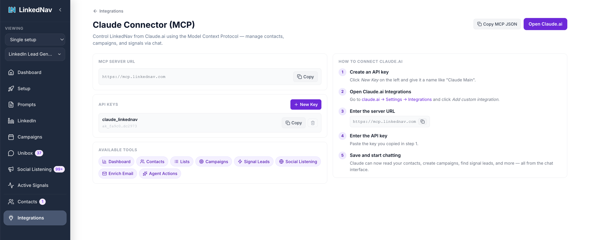 Claude Connector MCP integration in LinkedNav