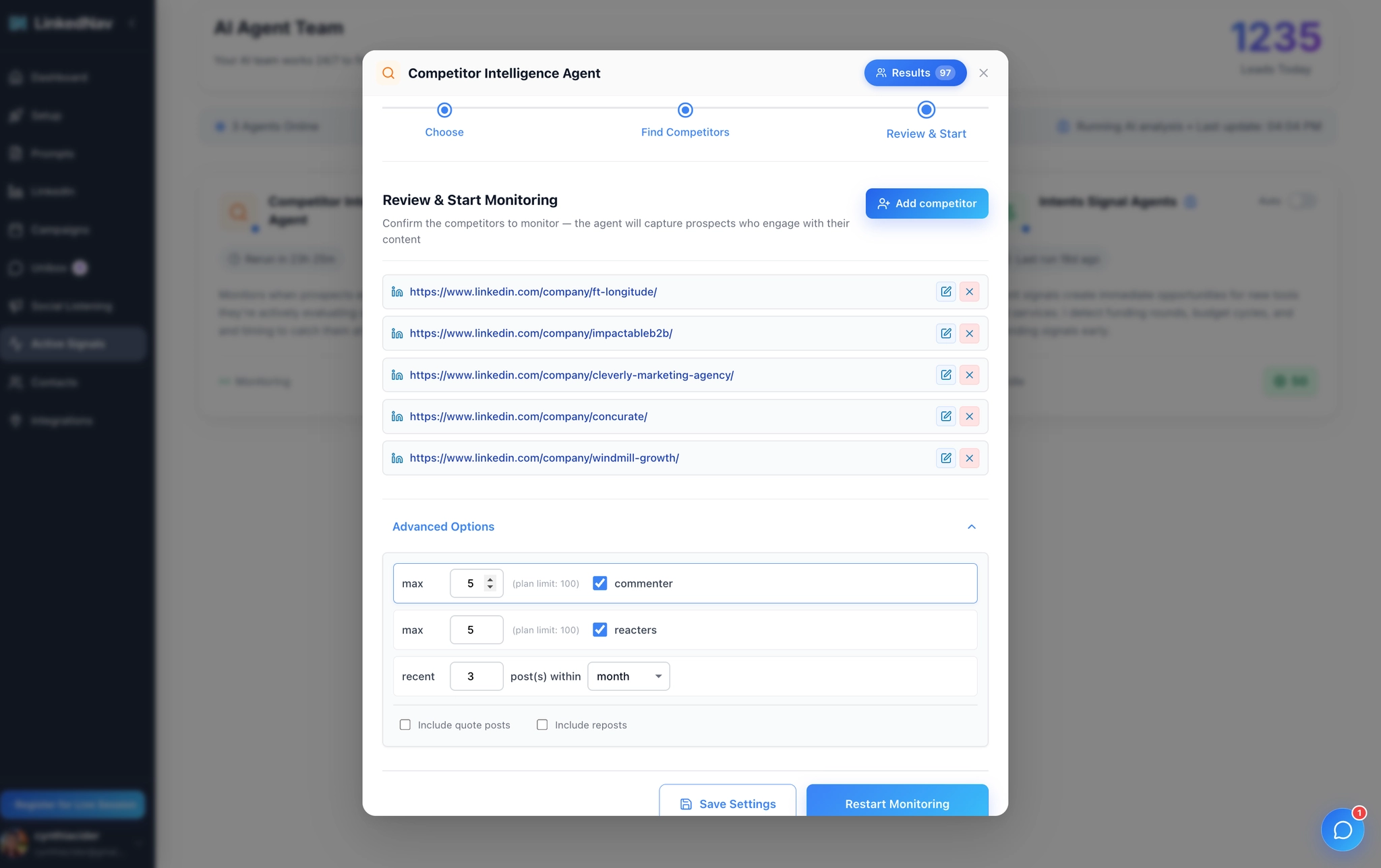 Competitor Intelligence Agent setup in LinkedNav