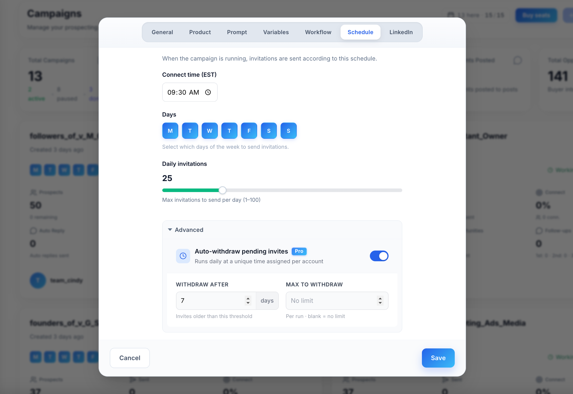 Auto-Withdraw Pending Invites settings in LinkedNav