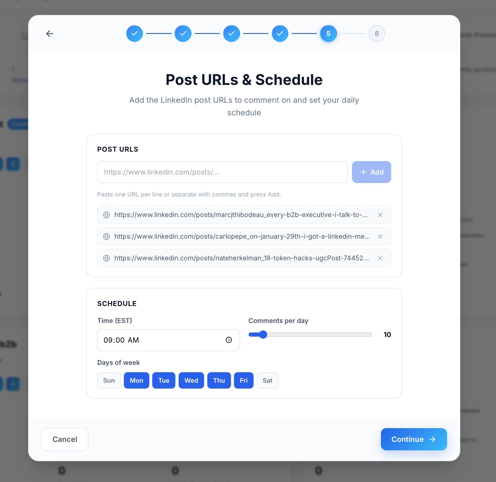 Post URLs and Schedule for Comment Campaign in LinkedNav