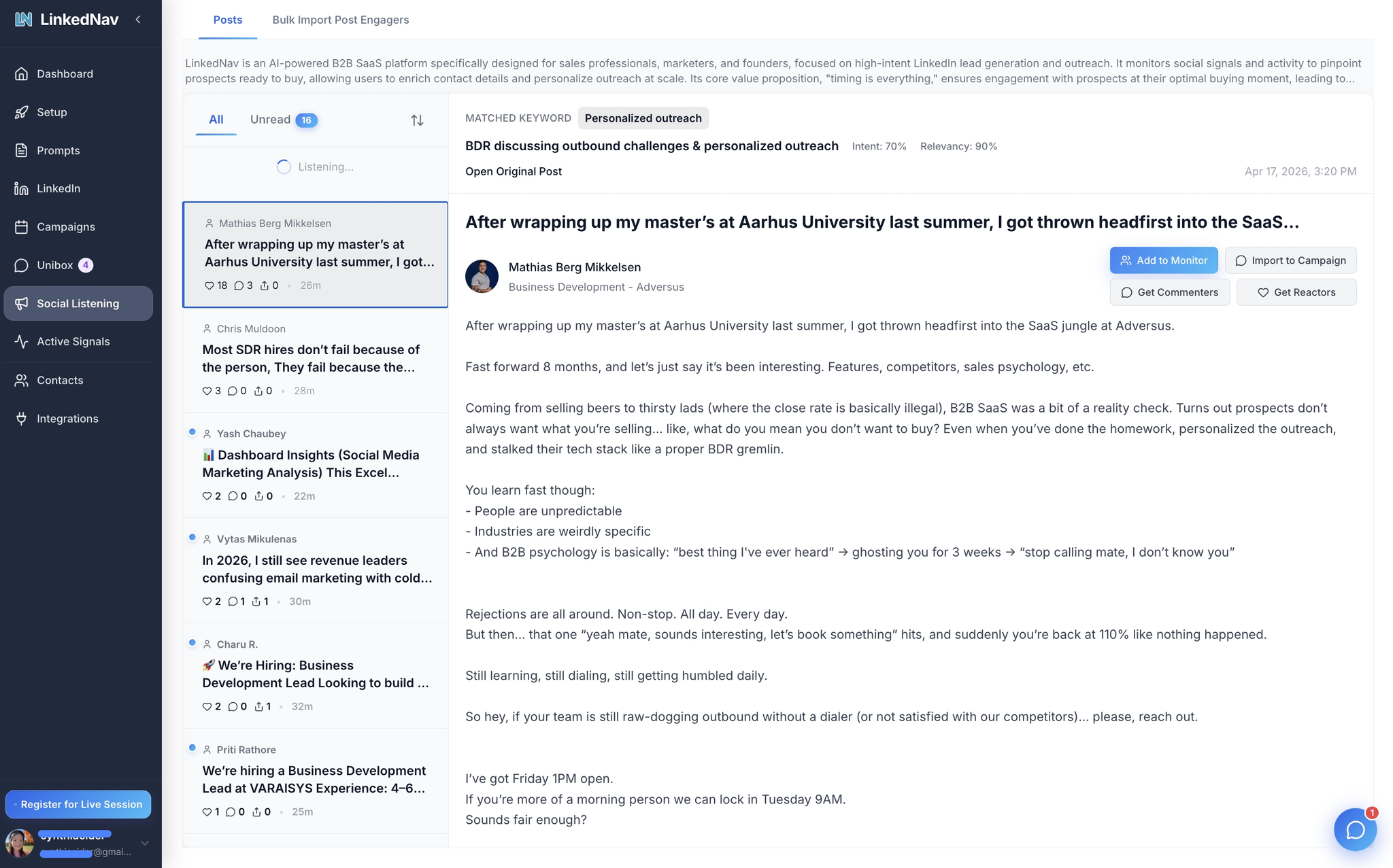 Social Listening feed in LinkedNav