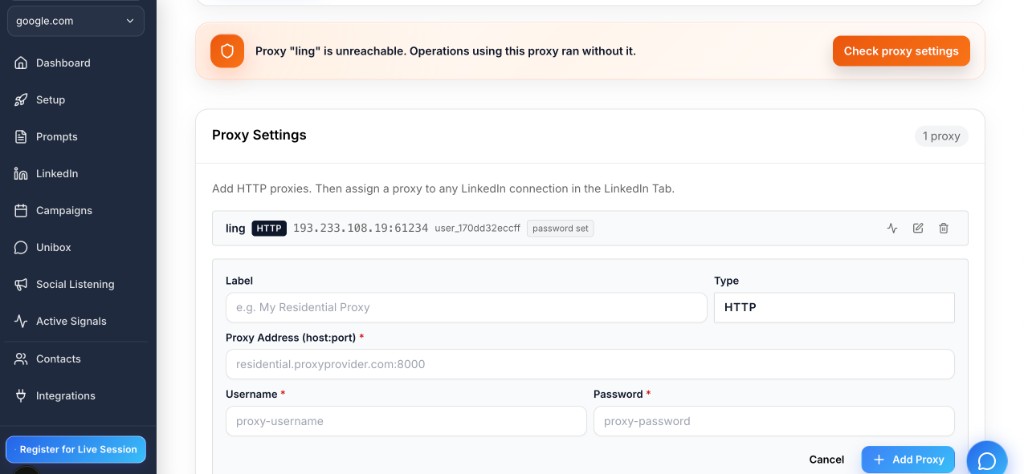 LinkedNav proxy settings screen