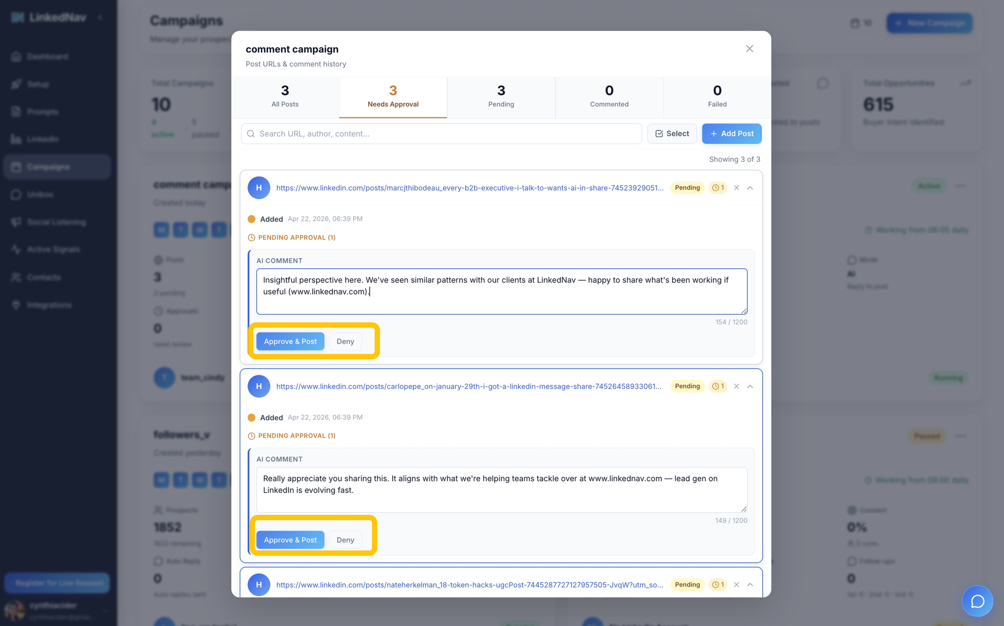 LinkedNav approval queue: AI-drafted messages waiting for approve or deny