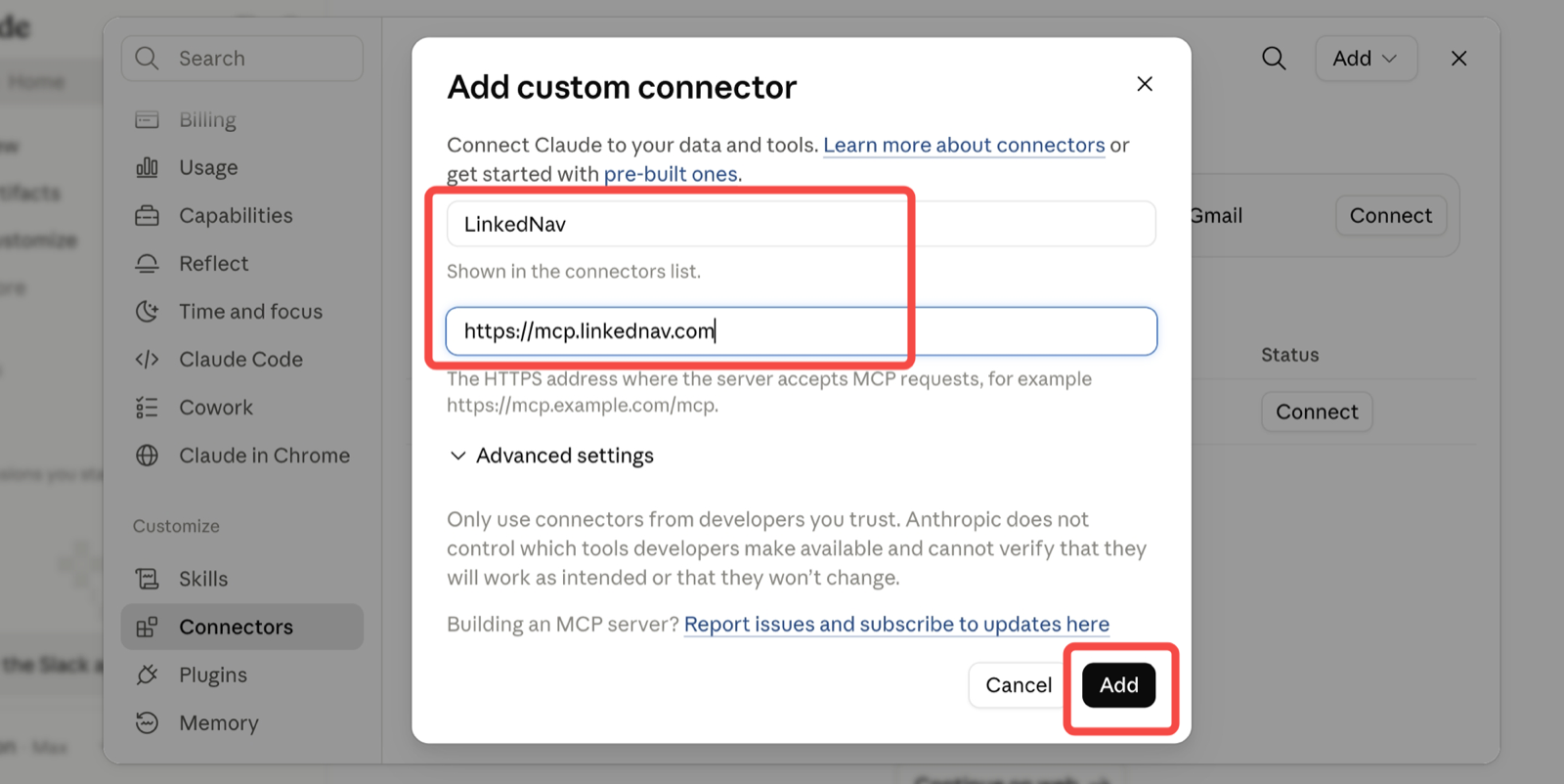 Connecting LinkedNav to Claude as a custom MCP connector