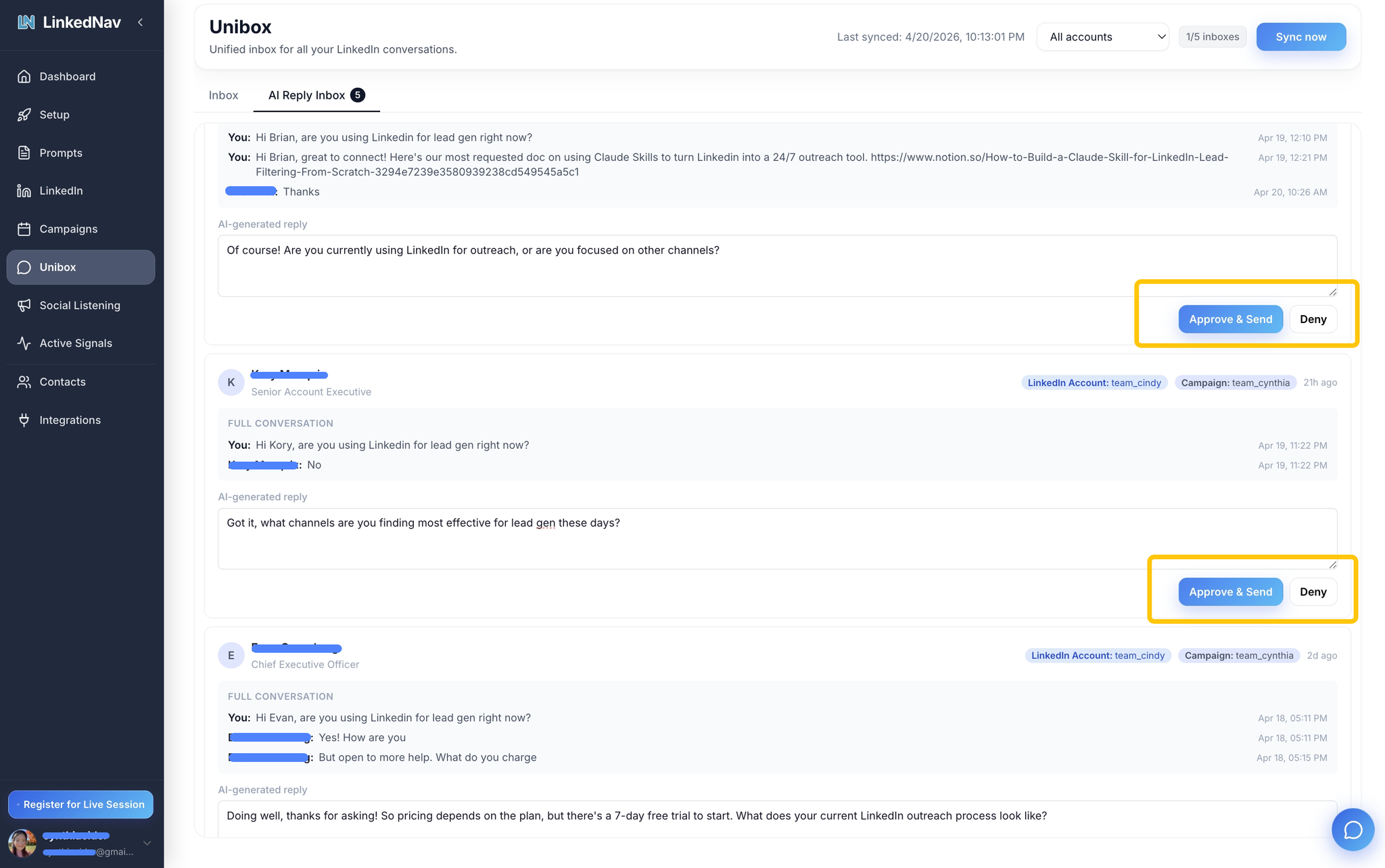 LinkedNav unified inbox with AI-drafted replies and approve or deny controls