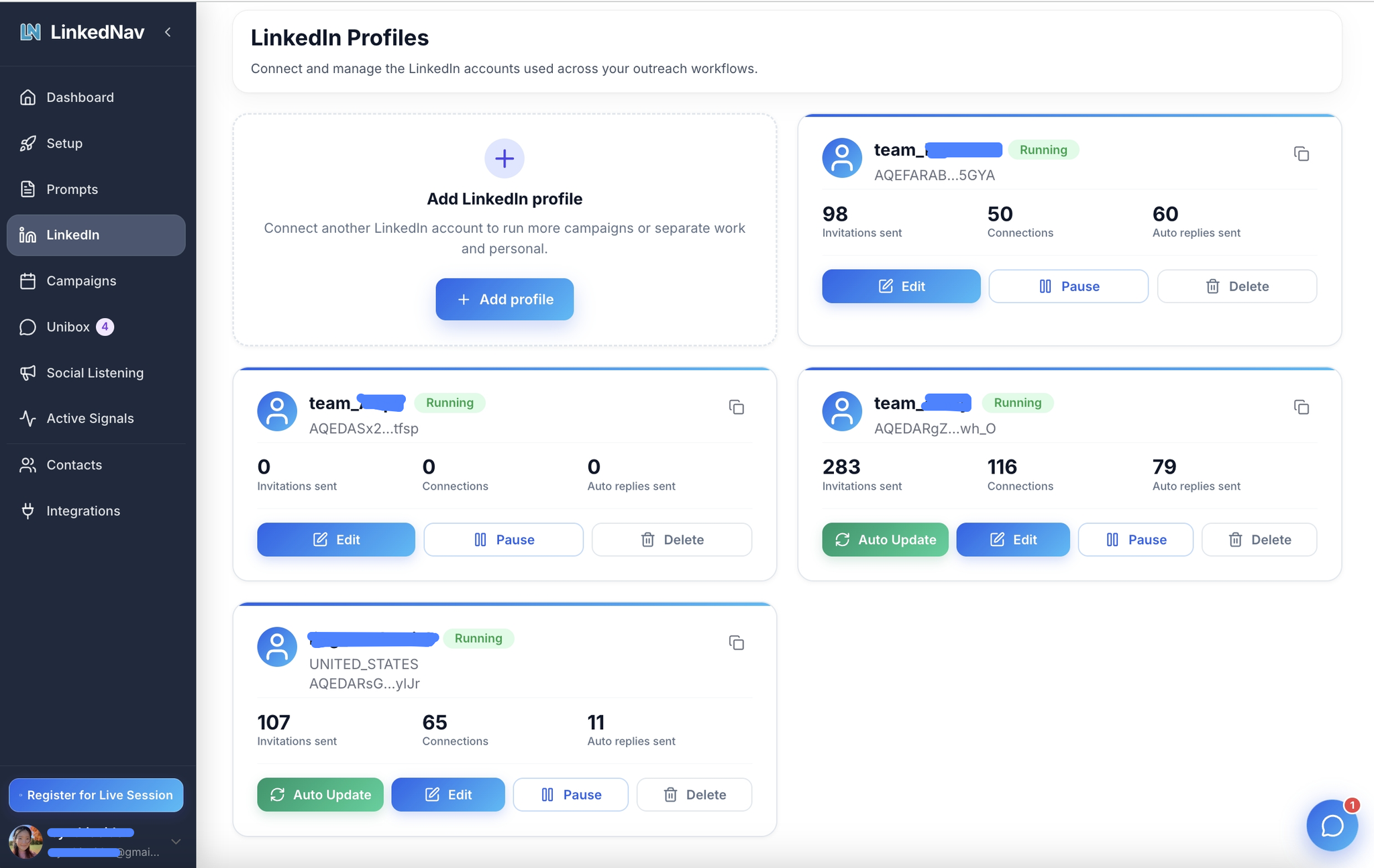 LinkedNav LinkedIn Profiles screen showing multiple connected sender accounts